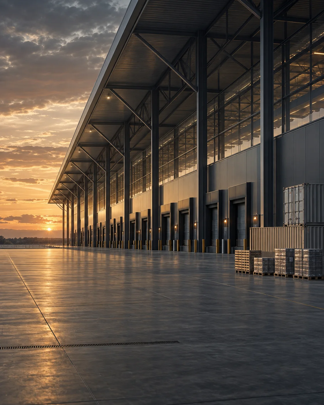 Conceptual editorial view of an industrial trade hall